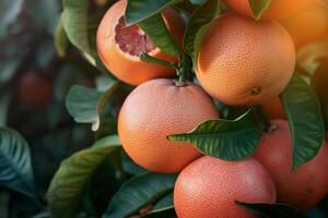 Grapefruit on a Tree with Leaves and Fruit Background photo