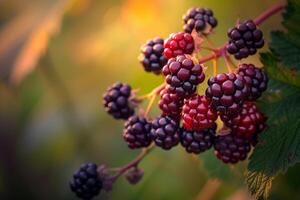 Blackberries on a Branch with Sunlight Shining Through Background photo