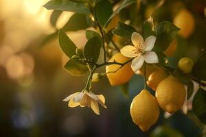 Lemon Tree with Flowers and Yellow Fruit Background photo