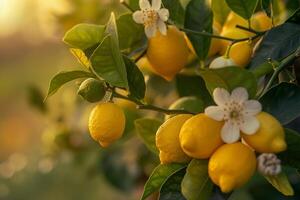 Lemon Tree with Flowers and Yellow Fruit Background photo