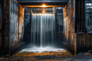 Waterfall Flowing into Large Concrete Structure Background photo
