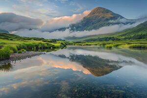 Mountain Reflecting in Lake with Clouds Background photo