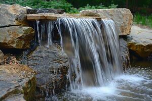 Waterfall Flowing over Rocks in Garden Background photo