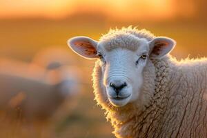 Sheep standing in field with sunset in the background photo