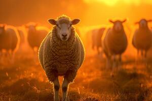 Herd of sheep standing in field at sunset photo