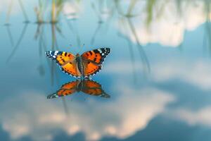Butterfly reflected in water with grass and clouds in the background photo