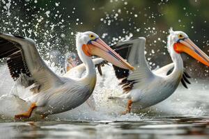 White pelicans splashing water as they fly background photo