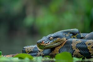 A Large Snake Sitting on the Ground with Background photo