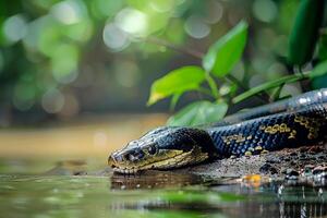 A Large Snake Resting on the Ground in the Water with Background photo