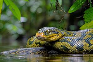 A Large Snake with Yellow and Green Stripes with Background photo