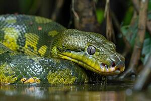 A Large Green Snake in the Water with Background photo