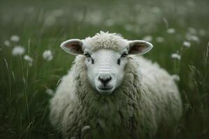 A Sheep Standing in a Field of Grass with Background photo