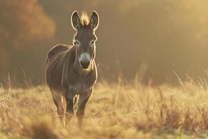 A Donkey Standing in a Field with the Sun Shining Background photo