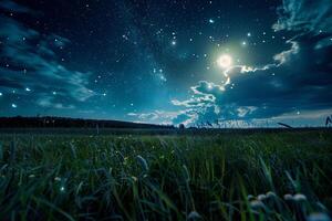 A Field with Grass and Trees under a Full Moon Background photo