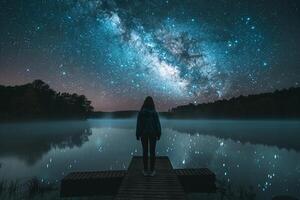 A Person Standing on a Dock Looking at the Milky Sky Background photo