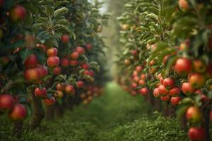 Apple Orchard with Rows of Red Apples, Background photo