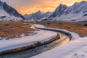 River Flows through Snowy Field at Sunset Background photo