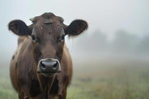 A Cow Standing in a Field with Fog in the Background photo