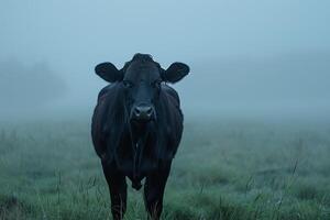 A Cow Standing in a Foggy Field with Fog in the Background photo
