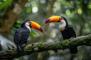Two Toucans Sitting on a Branch in the Jungle with Jungle Background photo
