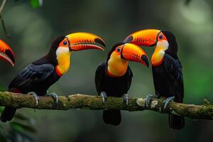 Four Toucans Sitting on a Branch in the Jungle with Jungle Background photo