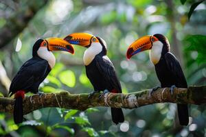 Three Toucans Sitting on a Branch in the Jungle with Jungle Background photo