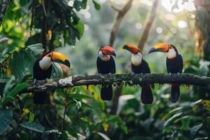 Toucan Birds Sitting on a Branch in the Jungle with Jungle Background photo