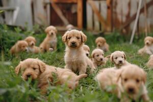 A Group of Puppies are Sitting in the Grass with Grass Background photo