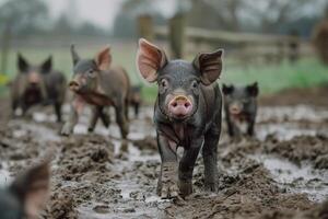 A Group of Pigs Walking in a Muddy Field with Field Background photo