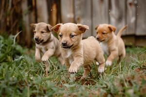 Three Puppies Running in the Grass with Grass Background photo