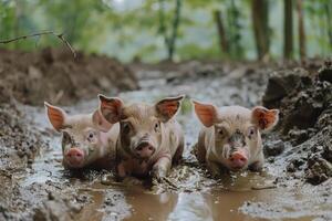 Three Pigs are Walking through a Muddy Field with Field Background photo