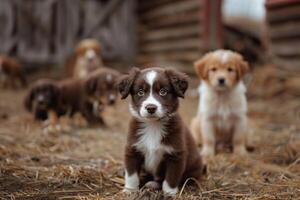 A Group of Puppies are Standing in Front of a Barn with Barn Background photo