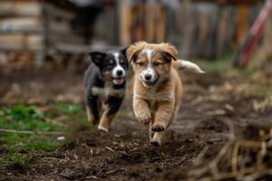 Two Dogs Running in the Dirt with Field Background photo