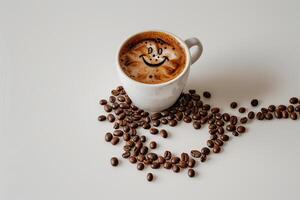 Coffee Beans and a Cup of Coffee with a Smiley Face with Coffee Background photo
