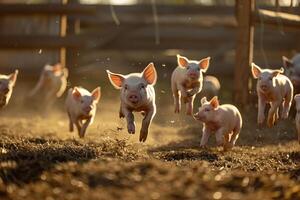 A Group of Pigs Running in a Field with Field Background photo
