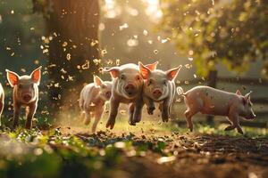 A Group of Pigs Running in the Grass with Grass Background photo