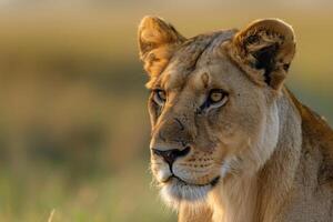 Lion Looking at the Camera in the Grass Background photo