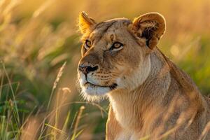 Lion Sitting in Tall Grass Background photo