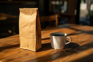 Coffee and paper bag on wooden table background photo
