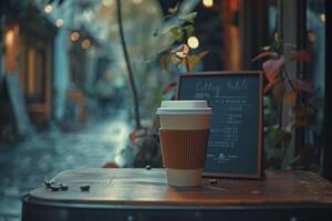 Coffee cup on a table in front of a coffee shop background photo