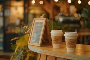 Two coffee cups on a wooden table with a wooden frame background photo