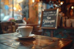 A cup of coffee sits on a wooden table in front of a sign background photo
