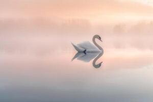 Swan Floating on Lake in Fog Background photo