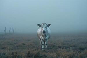 Cow standing in foggy field background photo