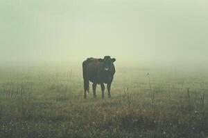 Cow standing in field of grass background photo