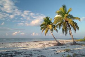 Two palm trees on sandy beach with ocean in background photo