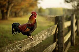 A rooster standing on a fence background photo