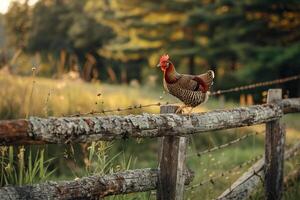 A chicken is standing on a fence in a field background photo