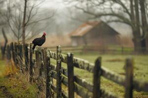 A black bird on a fence post in a field background photo