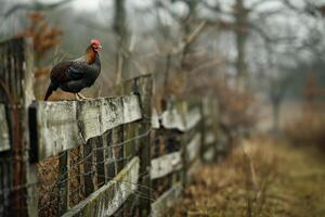 A rooster standing on a fence in a field background photo